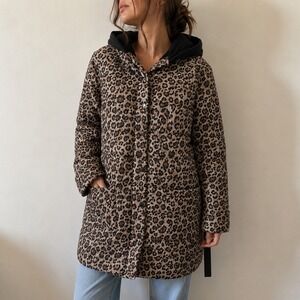 Nuage Leopard Print Quilted Coat Scuba Hooded Jacket Small Snap front Packable